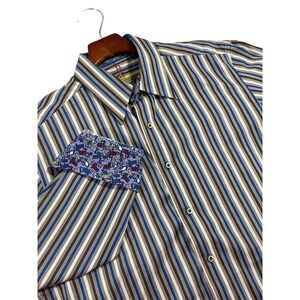 Robert Graham Men's Blue/Brown/White Striped Beach Chair Flip Cuff Shirt Size M